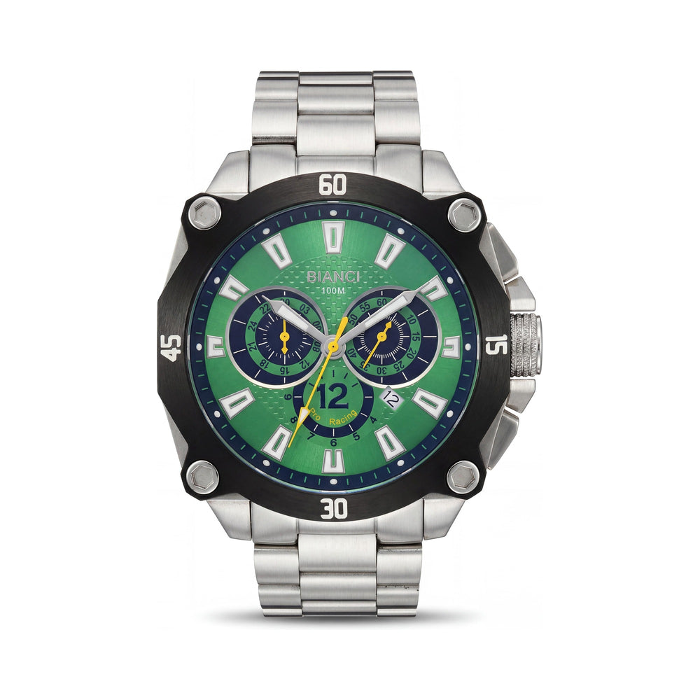 Reloj cronógrafo de cuarzo casual para hombre Roberto Bianci, acero inoxidable plateado, esfera verde, resistente al agua 100 m