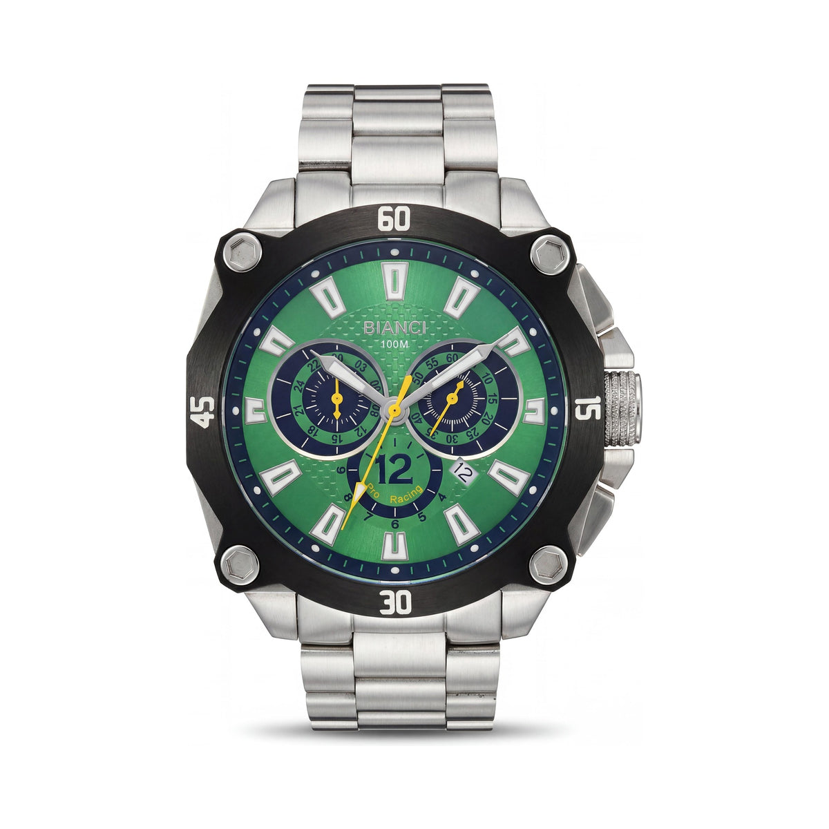 Roberto Bianci Men's casual Chronograph Quartz Watch, Silver Stainless Steel, Green Dial, Water Resistant 100m, Photo 1