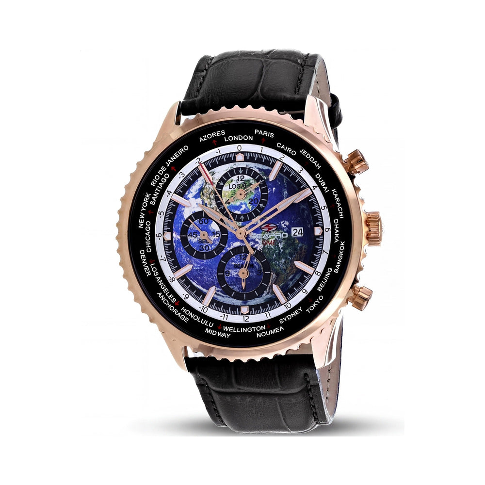 Reloj Seapro Modern de cuarzo para hombre, esfera azul, horario mundial, caja de acero inoxidable y correa de cuero, resistente al agua hasta 100 m.