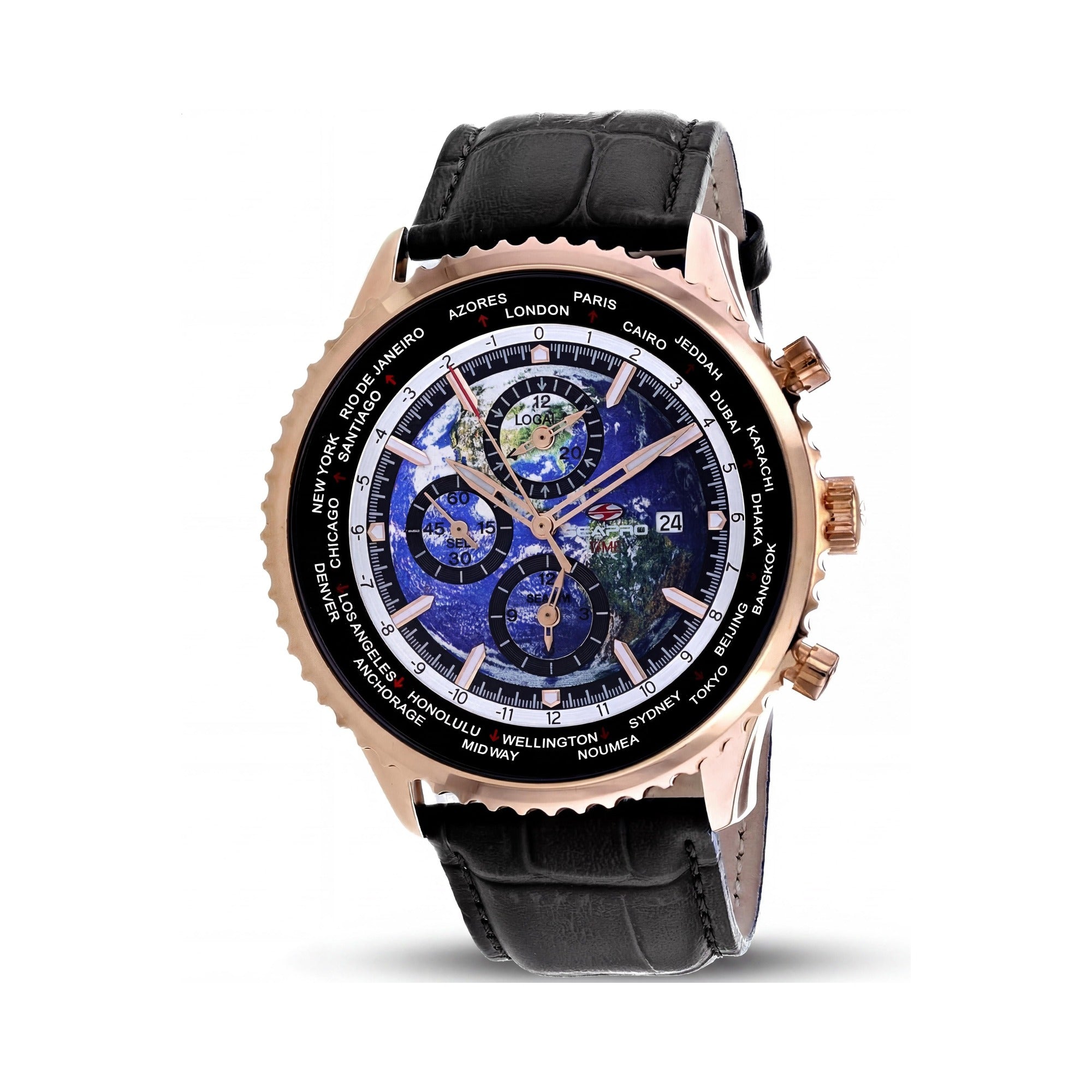 Seapro Modern Men's Blue Dial World Time Quartz Watch with Stainless Steel Case & Leather Strap, 100m Water Resistant, Photo 1