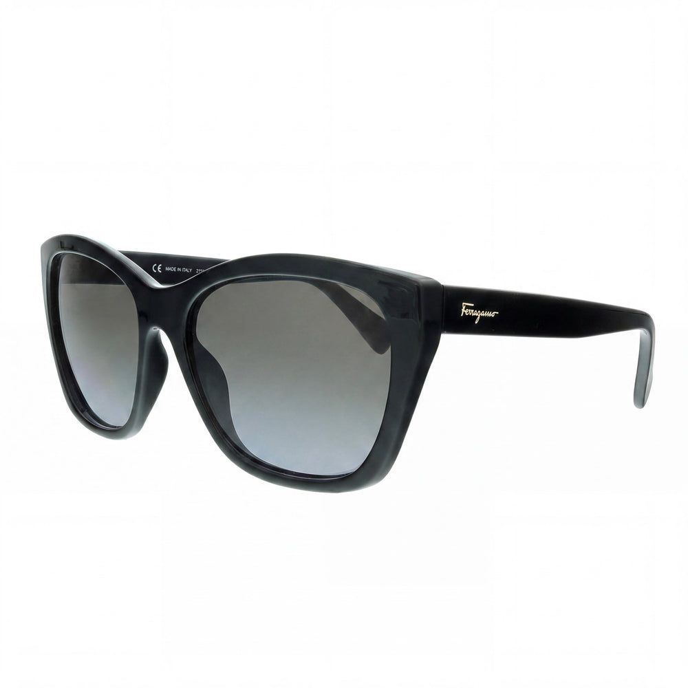 Gafas de sol Salvatore Ferragamo SF957S para mujer, de plástico negro con forma de ojo de gato, degradado gris, 100% protección UV, no polarizadas, 56mm