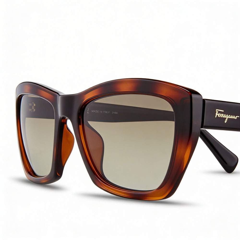 Gafas de sol para mujer Ferragamo SF958S 214 de ojo de gato color carey inyectado con lentes marrones no polarizadas y protección UV de 55 mm