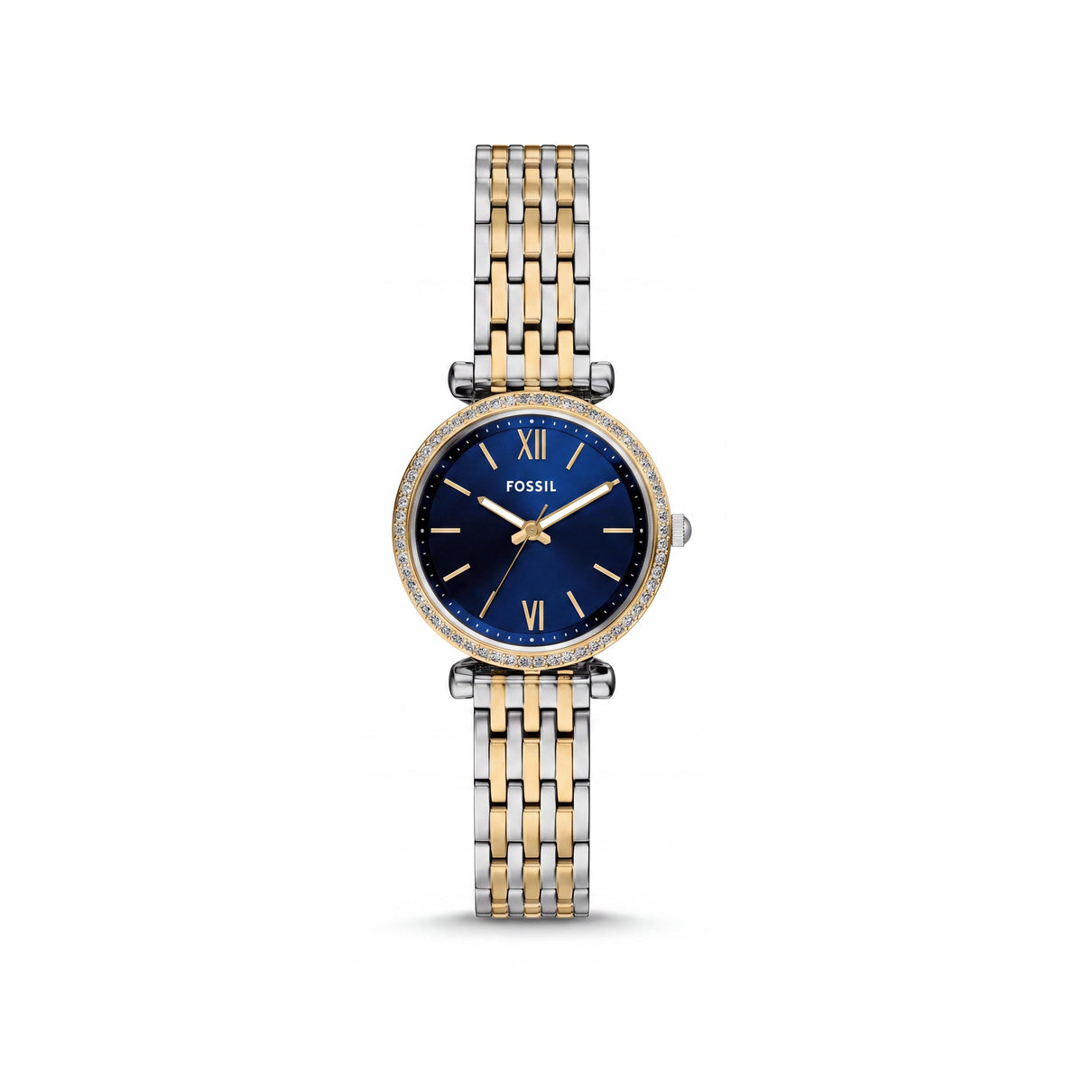 Fossil Carlie Women's Two Tone Stainless Steel Blue Dial Scratch-Resistant Roman Numeral Quartz 28mm Watch, Photo 1