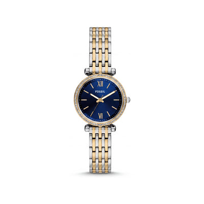 Fossil Carlie Women's Two Tone Stainless Steel Blue Dial Scratch-Resistant Roman Numeral Quartz 28mm Watch
