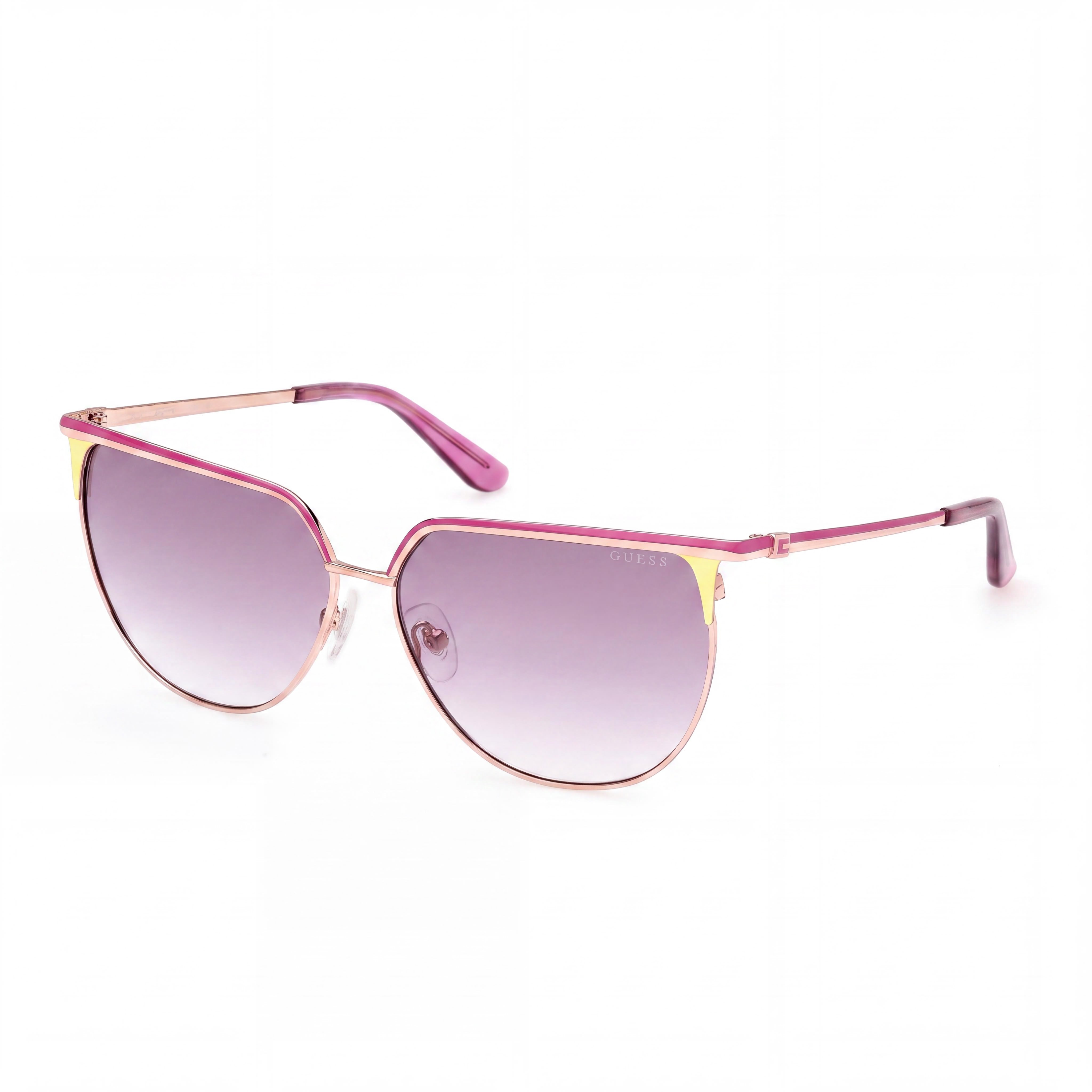 Gafas de sol GUESS Modern para mujer con montura metálica brillante color oro rosa, lentes degradadas violetas y protección UV de 58 mm, Photo 1