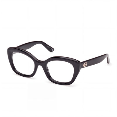 GUESS Gu50225 Women's Eyewear featuring a Shiny Black Plastic Frame and Transparent Lenses, 51mm Lens Width