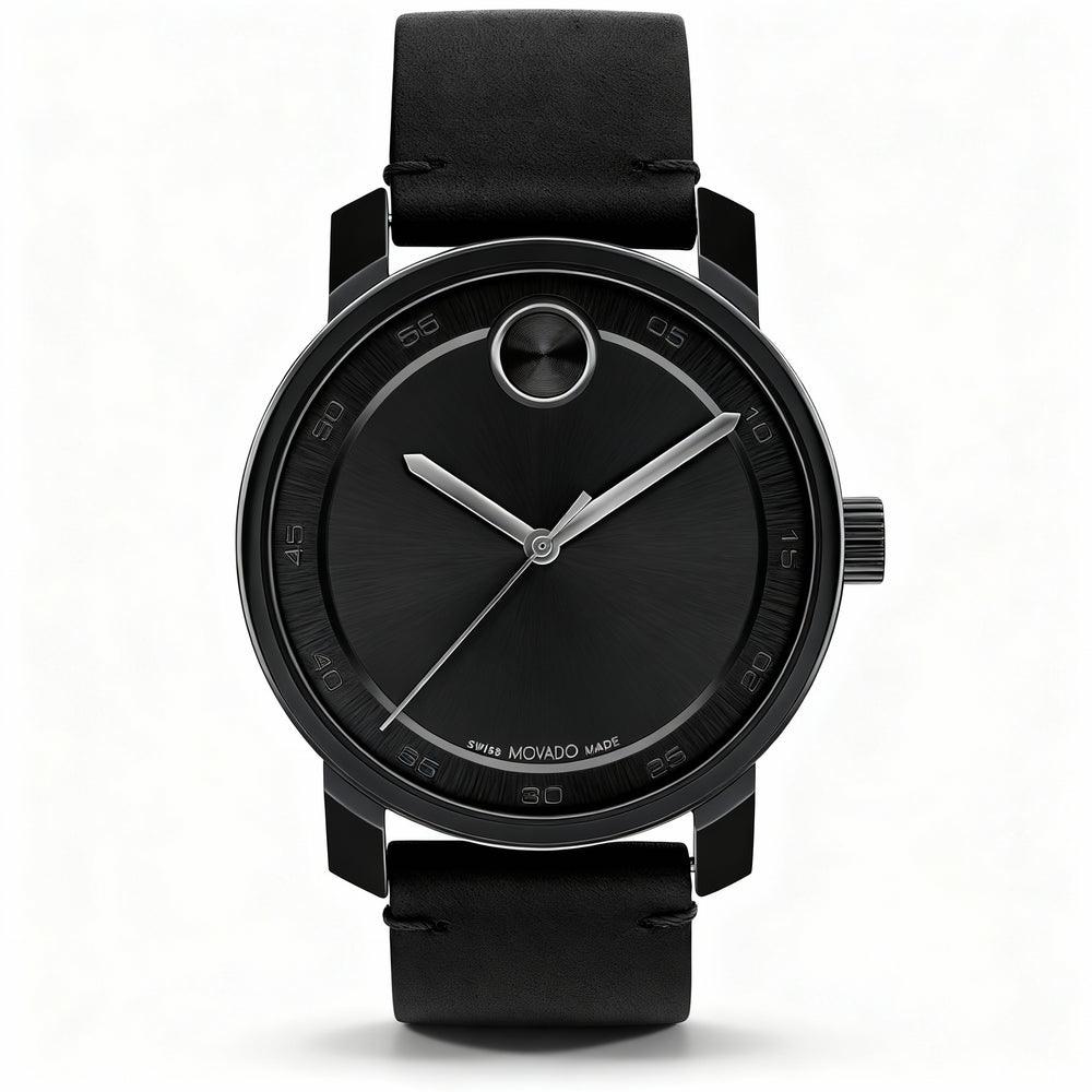Reloj Movado Modern Access para hombre de 41 mm con esfera negra, caja de acero inoxidable con baño de iones negro y correa de piel negra.