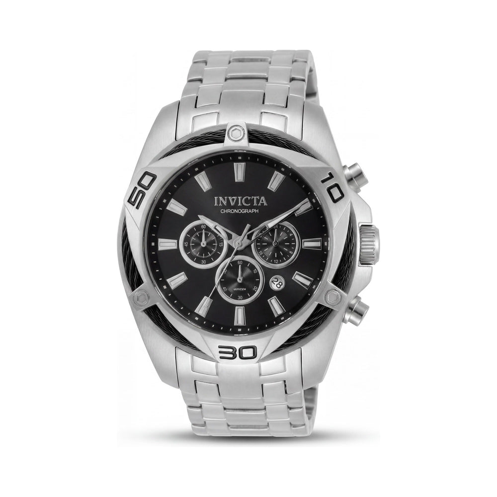 Reloj Invicta para hombre, cronógrafo de cuarzo, acero inoxidable, tono plateado, esfera negra, cristal Flame Fusion, resistente al agua hasta 100 m, 50 mm