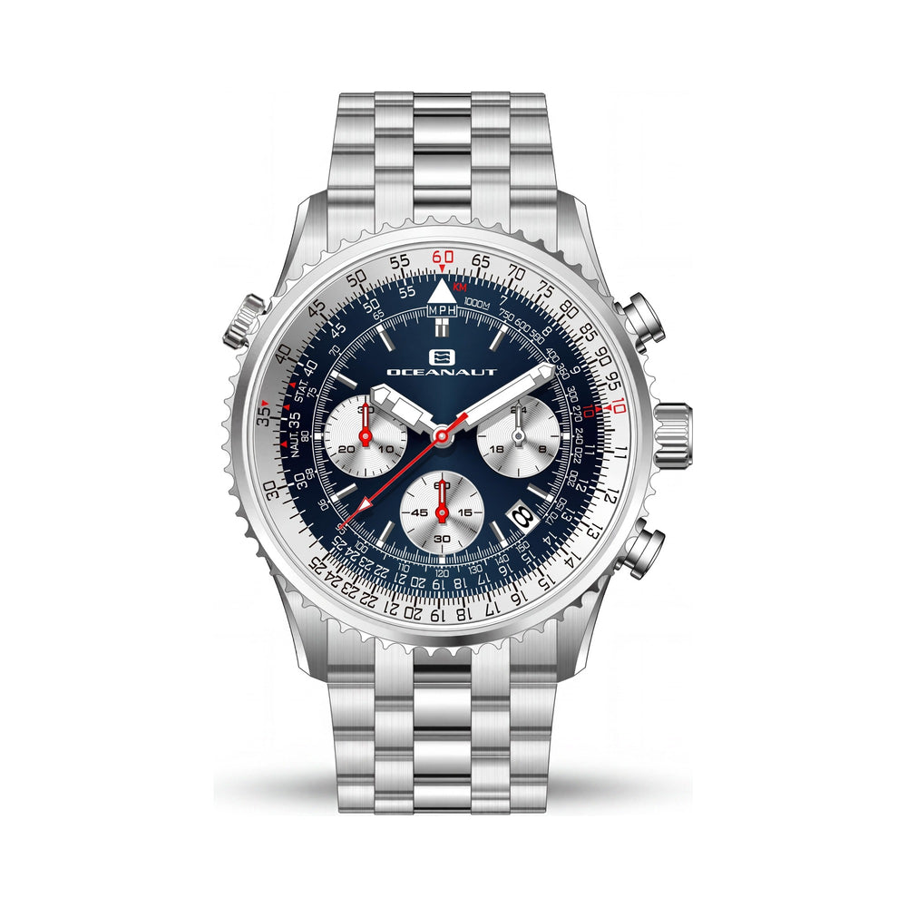 Reloj cronógrafo Oceanaut de acero inoxidable para hombre, esfera azul, caja de 48 mm, resistente al agua hasta 100 m.