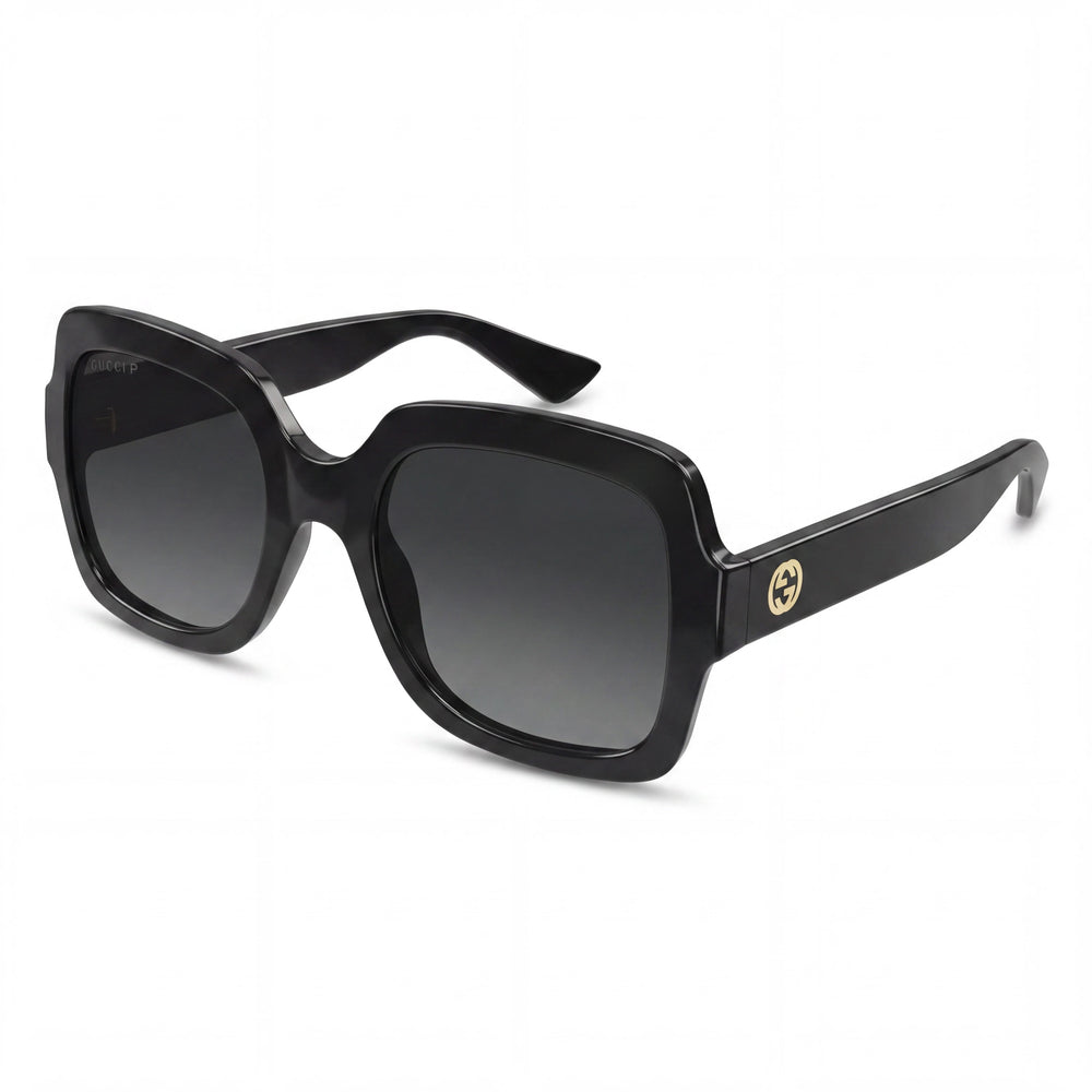 Gucci Gg1337s 002 Women's Black Gold-Logo Injection Sunglasses Grey Gradient Lenses 54mm UV Protection