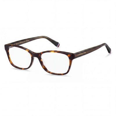 Tommy Hilfiger Women's Havana Plastic Rectangular Square Eyeglass Frames 52-16-140 with Clear Demo Lenses