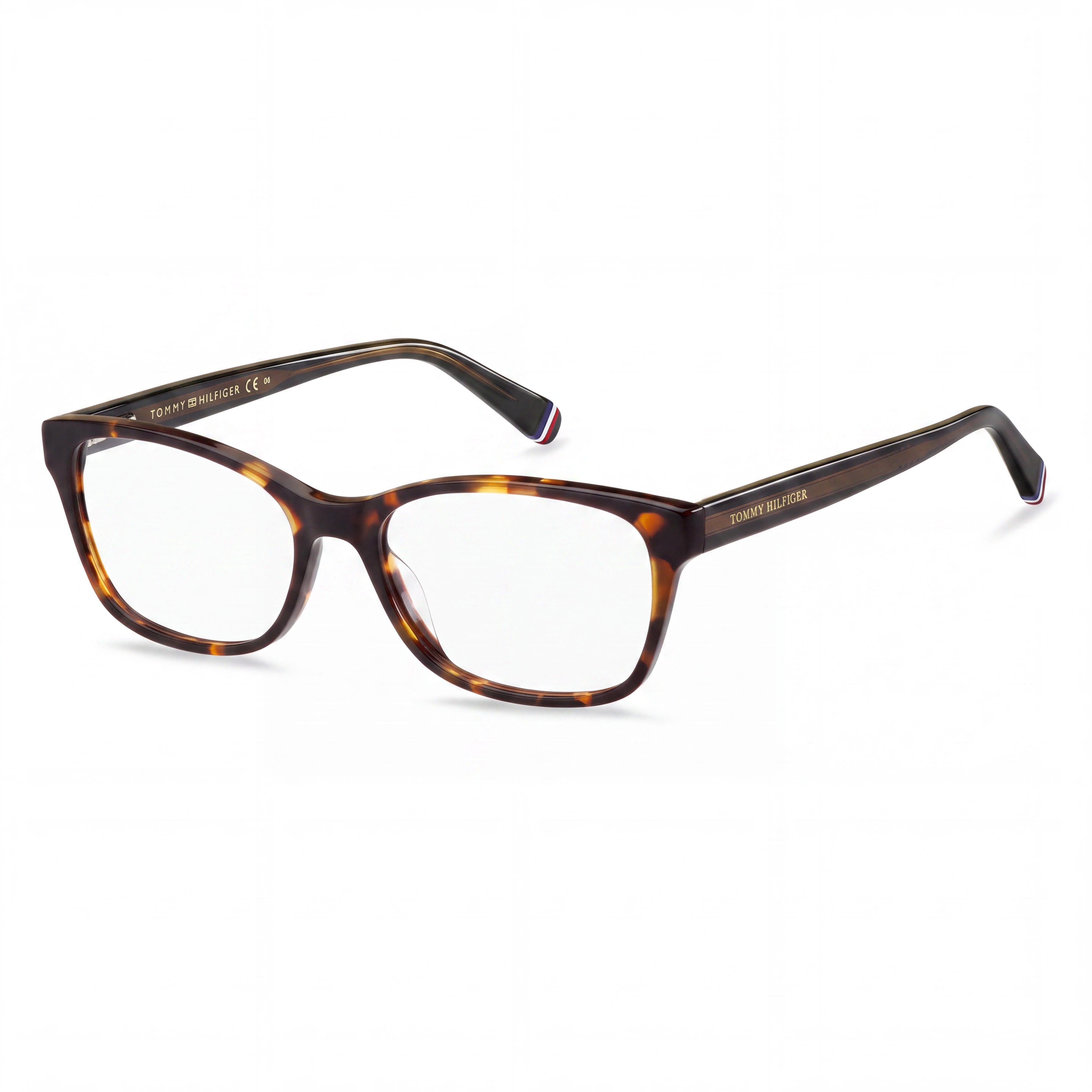 Tommy Hilfiger Women's Havana Plastic Rectangular Square Eyeglass Frames 52-16-140 with Clear Demo Lenses, Photo 1