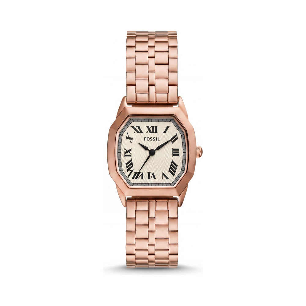 Reloj Fossil Harlow para mujer de 27 mm con pulsera de acero inoxidable en oro rosa, resistente a arañazos y golpes.