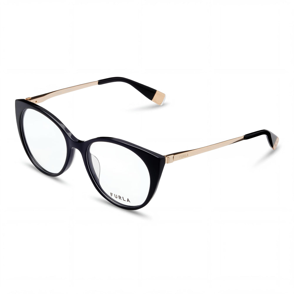 Furla VFU722 - Montura informal de acetato negro brillante para mujer con lentes de policarbonato transparente de 53 mm