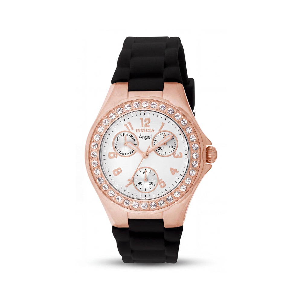 Reloj Invicta para mujer con brazalete de acero inoxidable chapado en oro rosa, silicona negra, esfera blanca luminosa, 38 mm