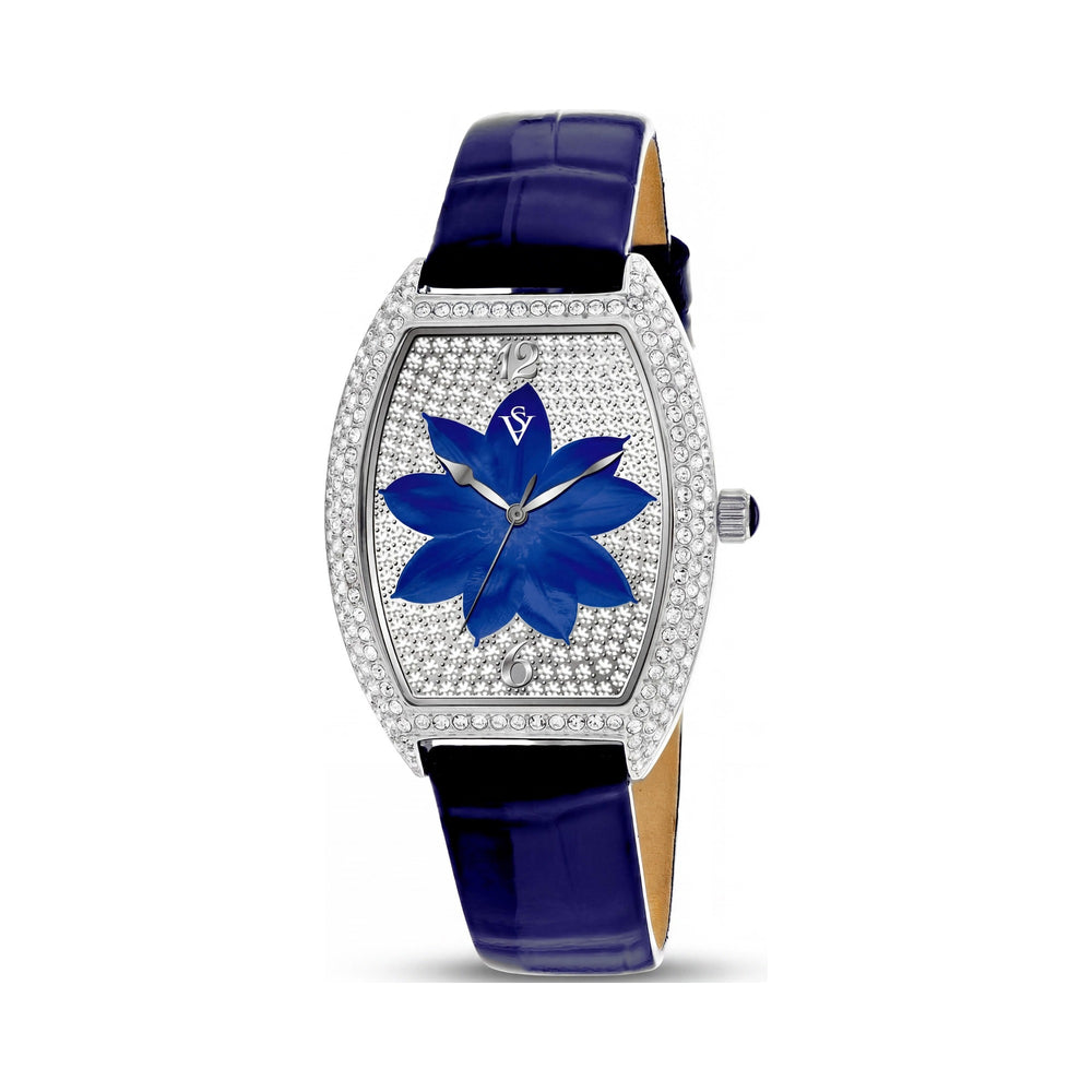 Reloj Christian Van Sant para mujer con movimiento de cuarzo, esfera azul, caja de acero inoxidable, correa de cuero y resistente al agua.