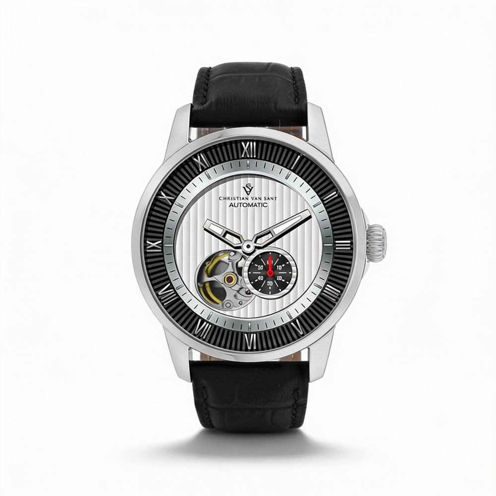 Reloj automático Christian Van Sant para hombre, moderno, con esfera blanca y resistente al agua.
