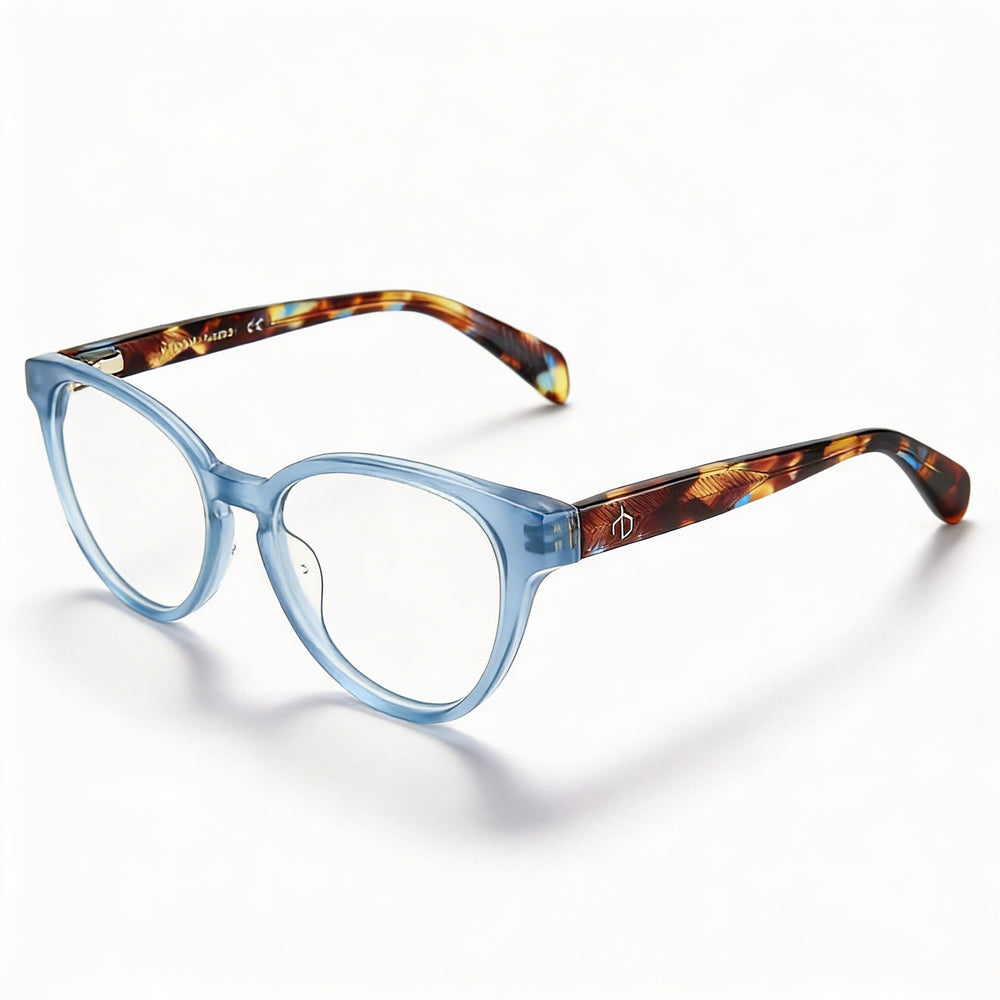 Gafas Rag & Bone para mujer con montura de acetato moderna en azul, lentes de 51 mm de ancho, puente de 18 mm y patillas de 140 mm de largo.