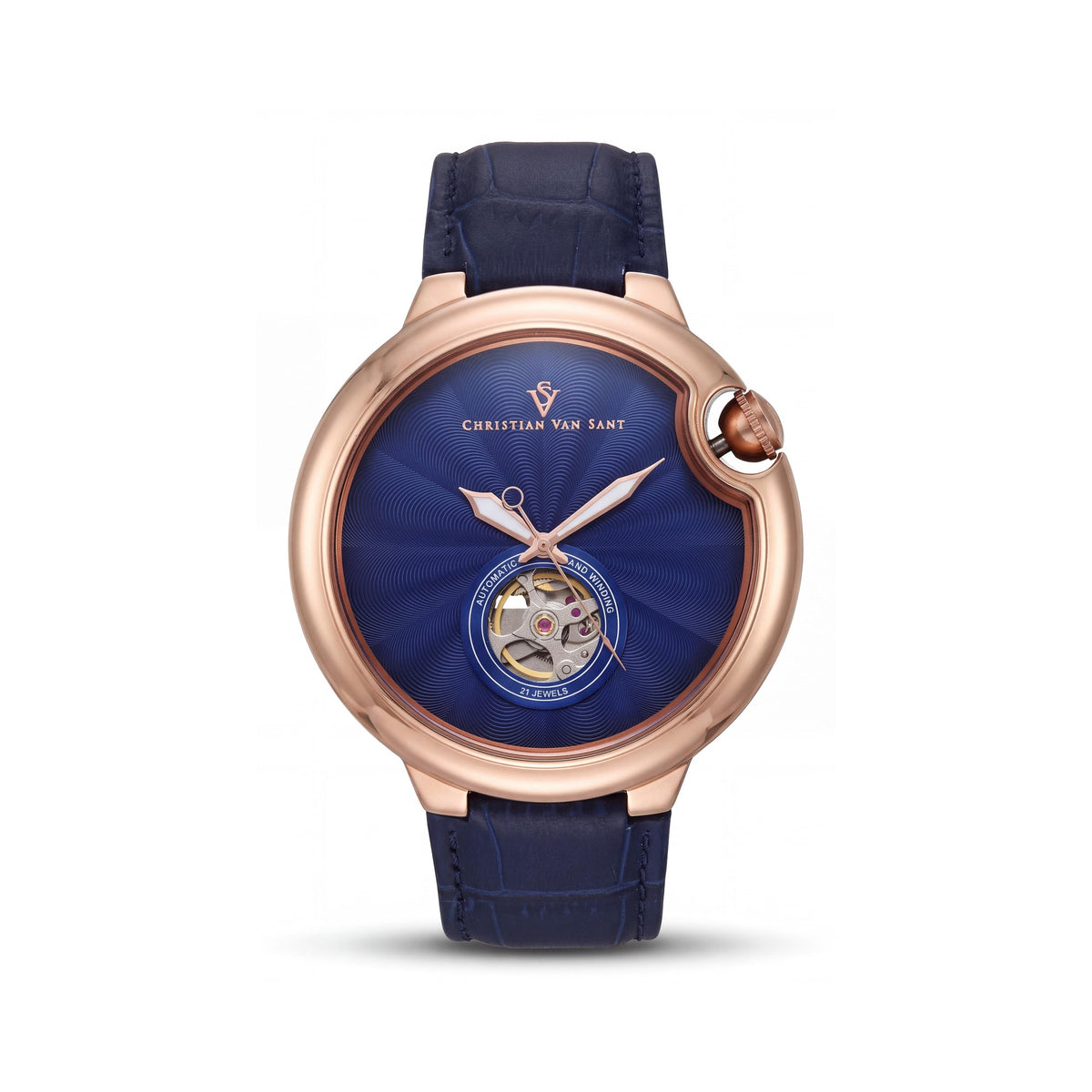 Reloj Christian Van Sant Men's Cyclone Automatic, esfera azul, caja de acero inoxidable, correa de piel, 46 mm, Photo 1