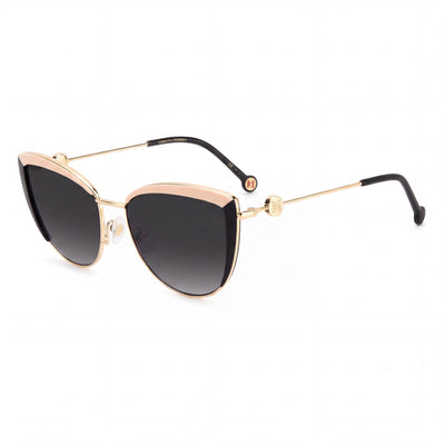 Gafas de sol Carolina Herrera 0112/S para mujer, de acero inoxidable color dorado y negro, forma ojo de gato, lentes gris oscuro degradado con protección UV, 58 mm