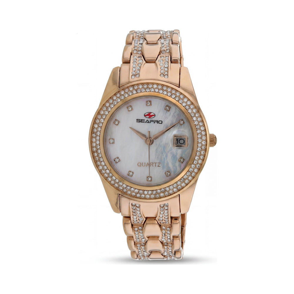 Reloj de pulsera blanco Seapro SP0010 para mujer con bisel, marcadores y pulsera con incrustaciones de cristal, esfera de nácar, movimiento de cuarzo