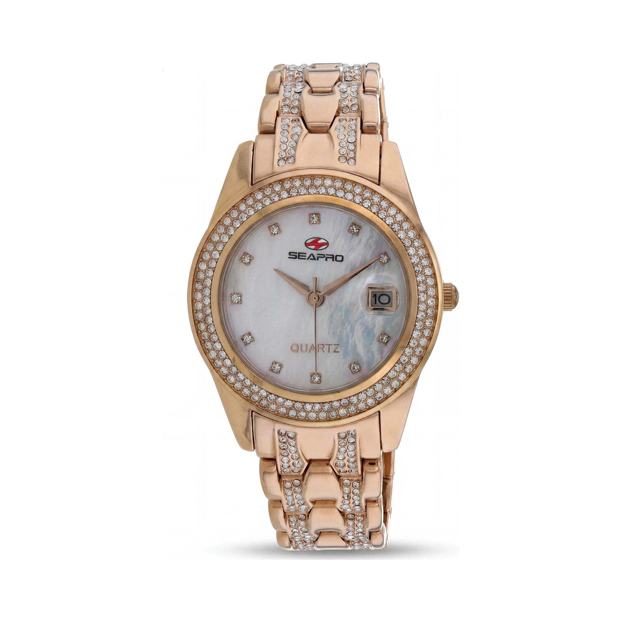 Reloj Seapro para mujer con pulsera blanca, bisel, marcadores y brazalete con detalles de cristal, esfera de nácar y movimiento de cuarzo., Photo 1