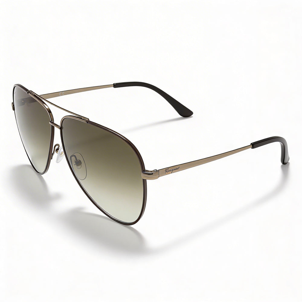 Gafas de sol Ferragamo SF131S 211 para mujer, de metal, estilo aviador, en marrón brillante con esmalte marrón oscuro, con degradado marrón y protección UV, 60 mm
