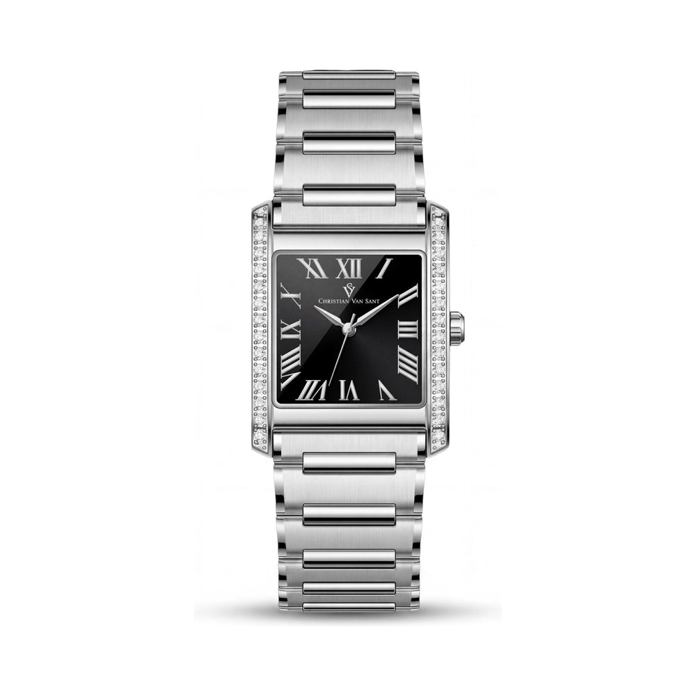 Reloj de pulsera de cuarzo Christian Van Sant CV1281 de acero inoxidable plateado para mujer con esfera negra