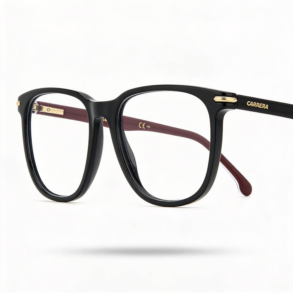Montura de gafas Carrera 308 unisex fabricada en plástico con franjas negras, con lentes no polarizadas y un ancho de lente de 53 mm