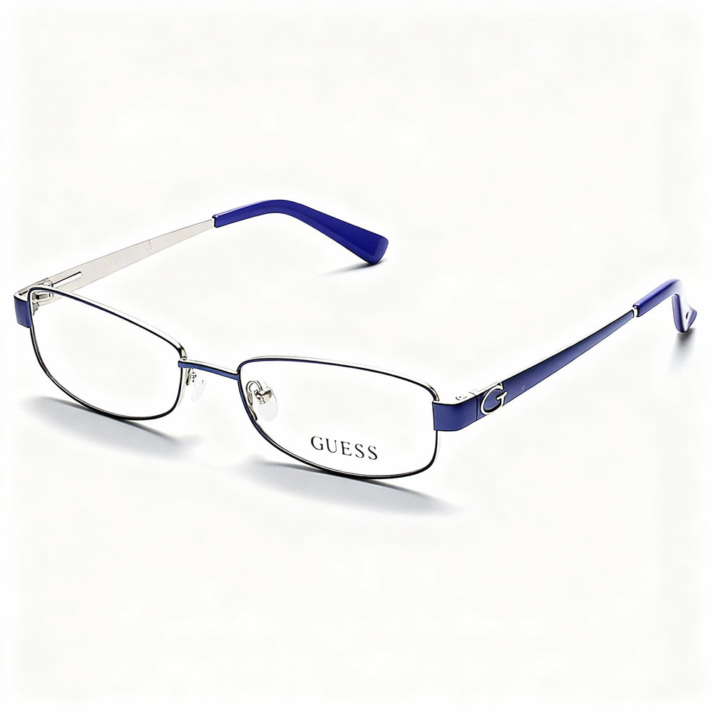 Gafas unisex GUESS GU2569 C53 de metal azul con lentes de 53 mm, puente de 17 mm y patillas de 135 mm.
