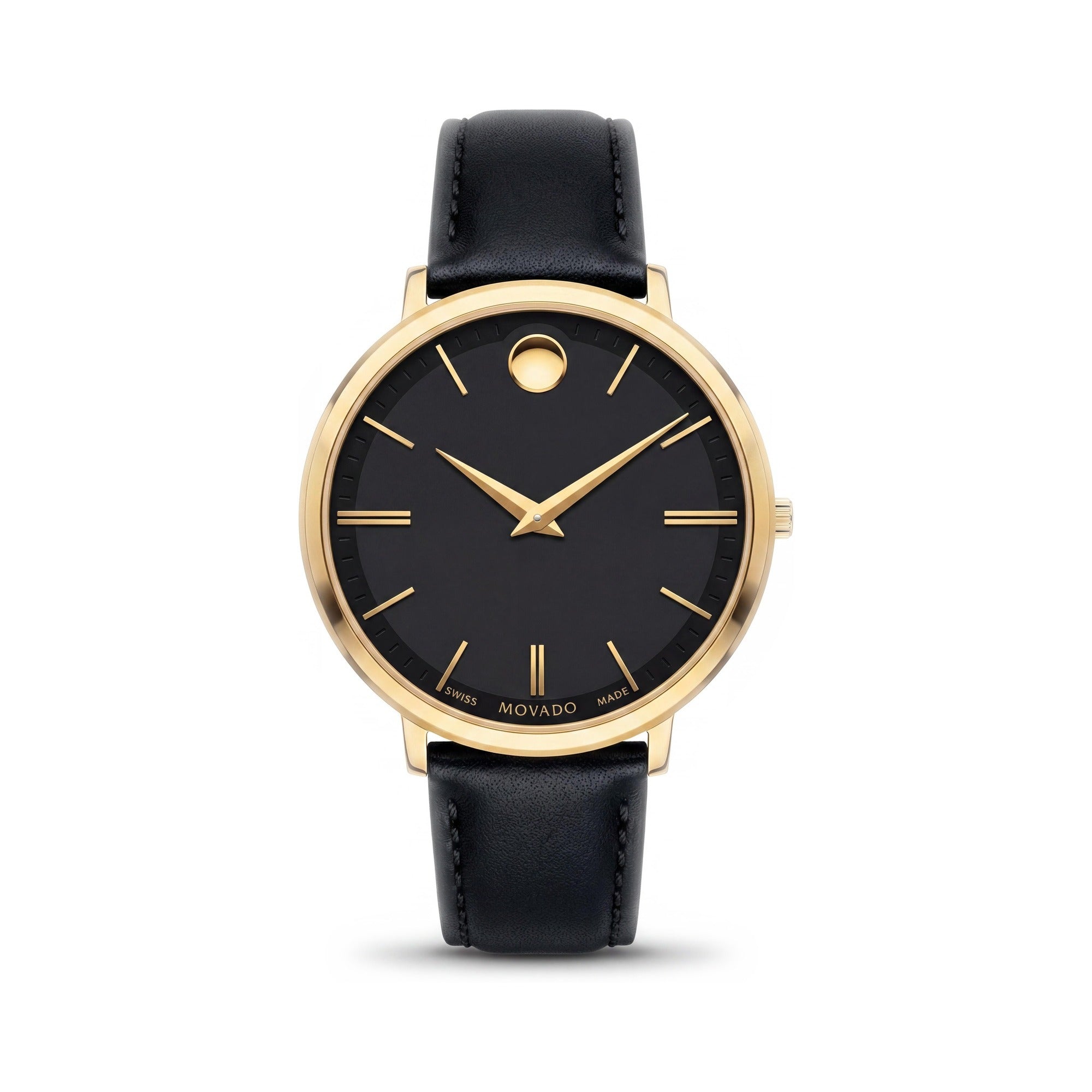 Reloj de cuarzo Movado para mujer con correa de cuero, caja de acero inoxidable y esfera negra, resistente a los arañazos, resistente al agua 3 ATM, Photo 1