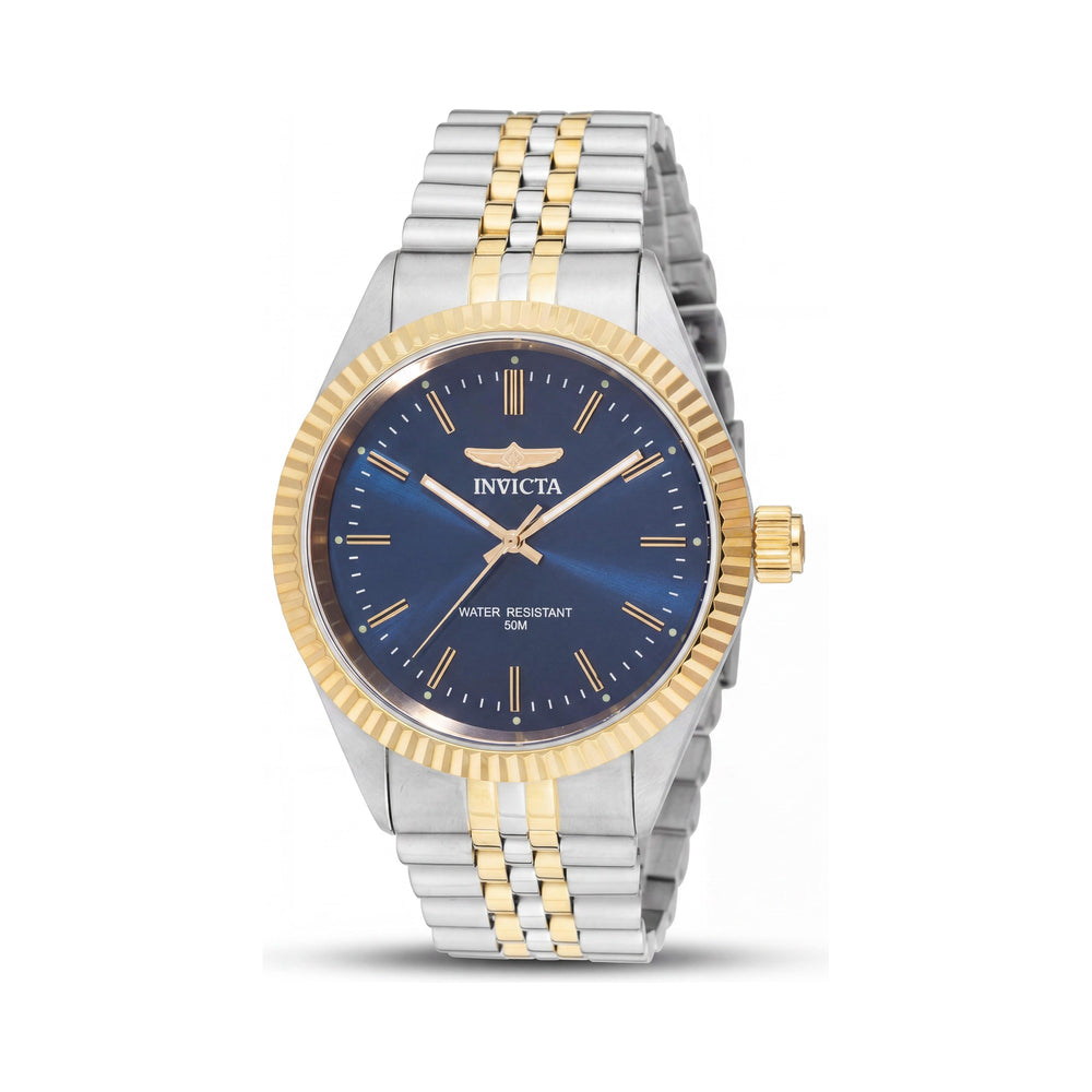 Invicta Specialty 49316 Reloj de cuarzo unisex con brazalete de acero inoxidable en tonos plateados y dorados, esfera azul, 43 mm