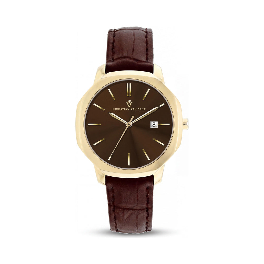 Reloj Christian Van Sant CV0507 para mujer, de cuarzo, acero inoxidable, resistente a los golpes y con correa de piel marrón