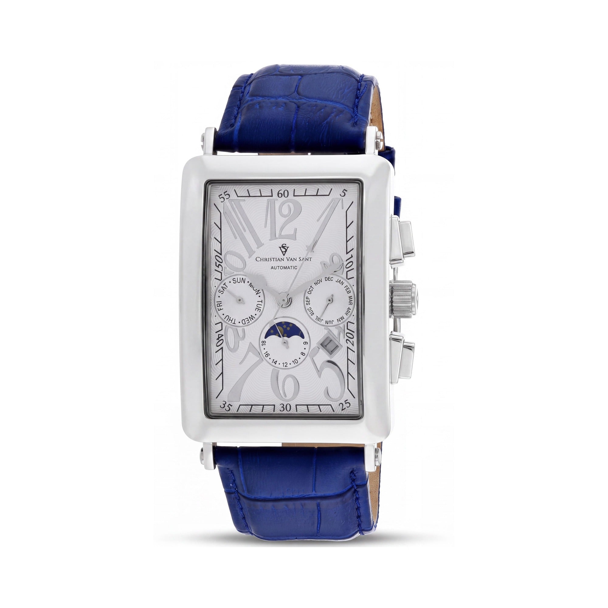 Christian Van Sant Fashion Men's Stainless Steel Automatic Multi-Function Date Moonphase White Dial Leather Strap Watch, Photo 1