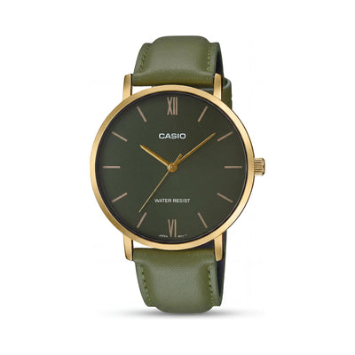Casio Men’s Analog Watch with Quartz Movement, Green Genuine Leather Band, Stainless Steel Case, 40mm