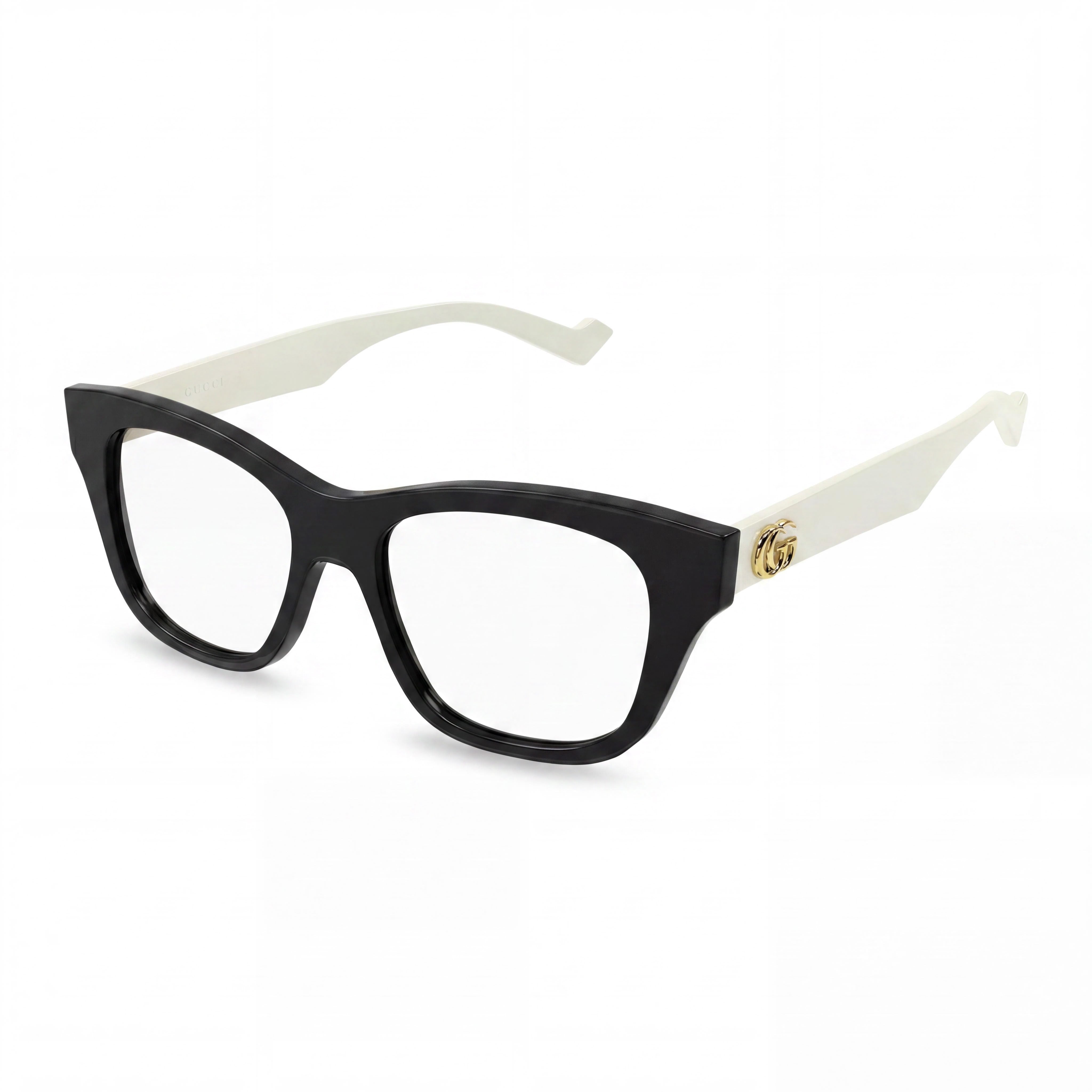Gucci Gg0999o 002 Gafas de mujer de plástico negro, blanco y dorado con logo, forma de ojo de gato y lentes transparentes de policarbonato de 52 mm, Photo 1