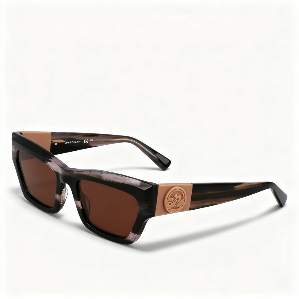 Longchamp Men’s Modern Modified Rectangle Sunglasses with Striped Black Acetate Frame and Non-Polarized Plastic Lenses 53mm