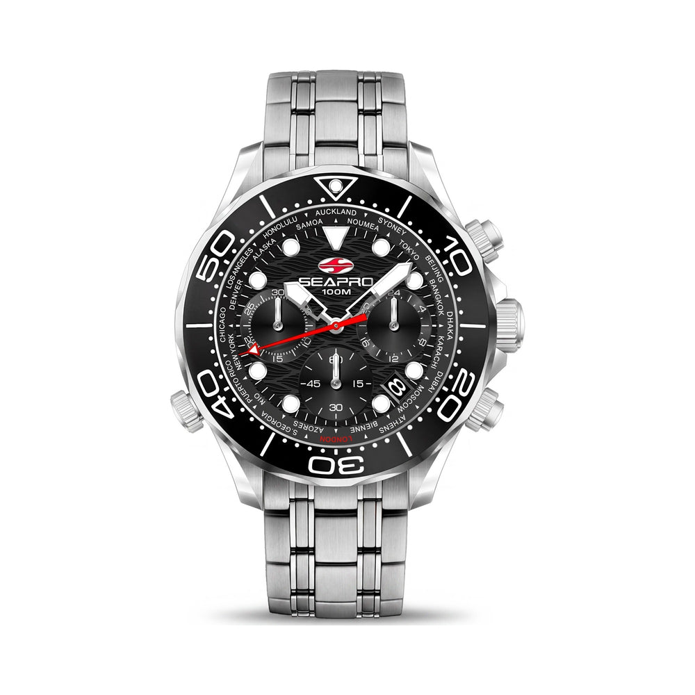 Reloj Seapro Modern para hombre con esfera negra y caja de acero inoxidable, resistente al agua hasta 100 m.