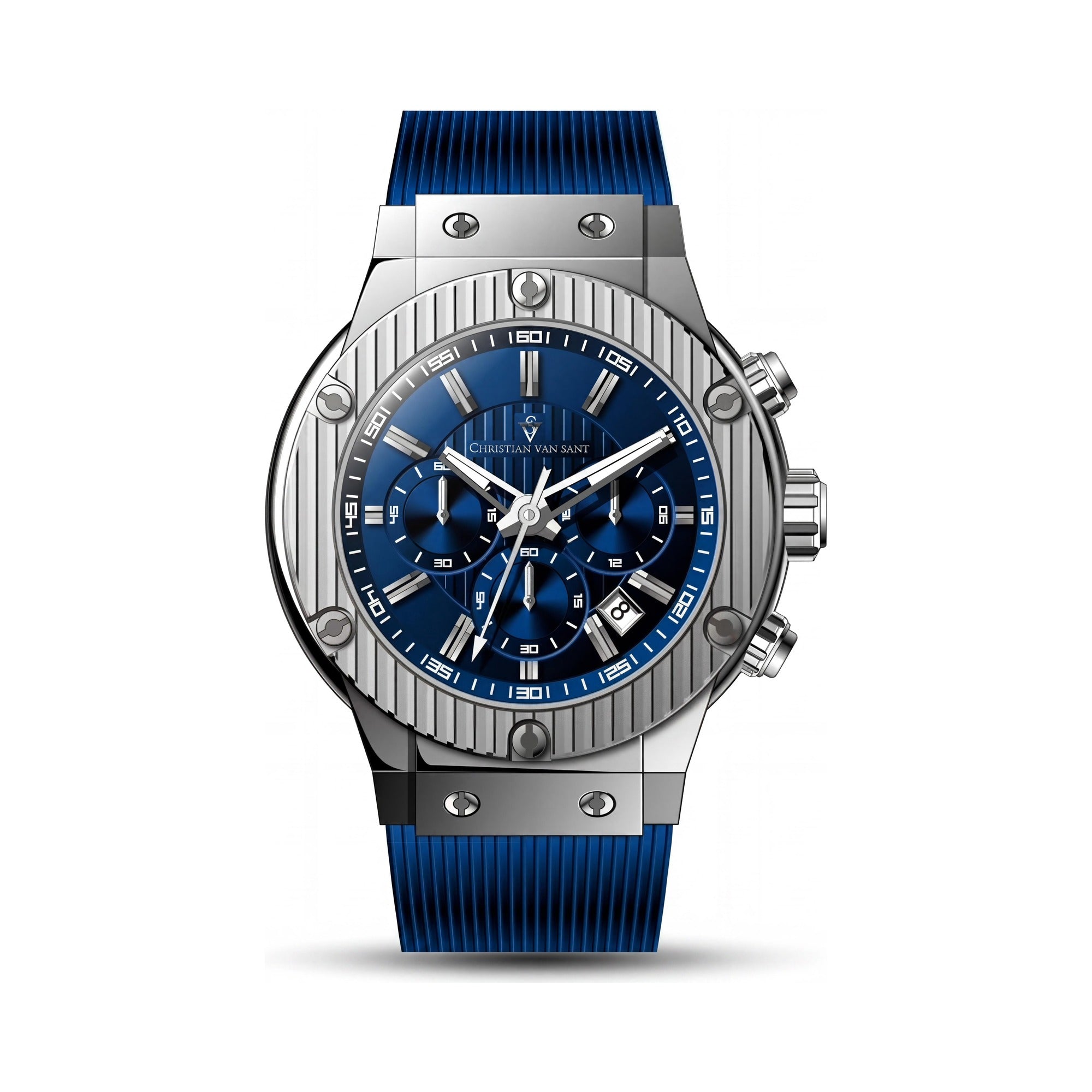Christian Van Sant CV8142 Men's Modern Blue Stainless Steel & Rubber Quartz Water Resistant Watch 7.5 Inch Band, Photo 1