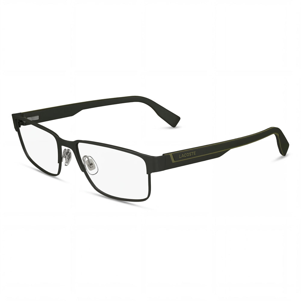 Montura de gafas oftálmicas casuales para hombre Lacoste en color caqui mate con lentes de plástico transparentes de 54 mm