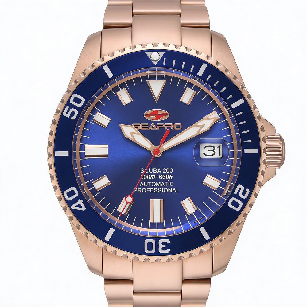Reloj automático Seapro para hombre con esfera azul, fecha, cristal mineral resistente a arañazos y resistencia al agua de 200 m.