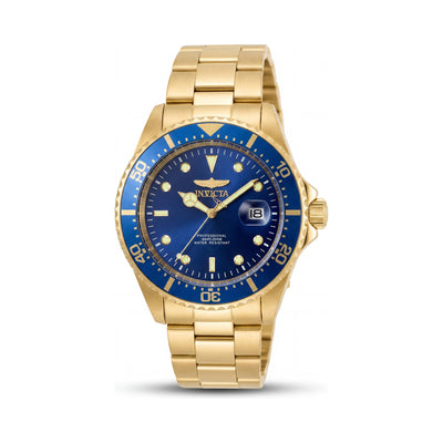 Reloj Invicta Pro Diver 22063 para hombre, brazalete de acero inoxidable tono dorado, esfera azul, cuarzo de 43mm, 200M, fecha