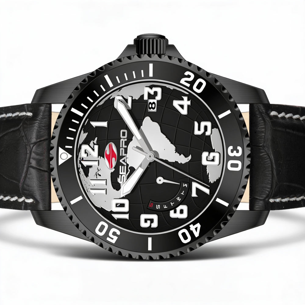 Seapro strap Men's Black Dial Quartz Watch with Stainless Steel Case, Leather Strap, Water Resistant & Scratch Resistant Mineral