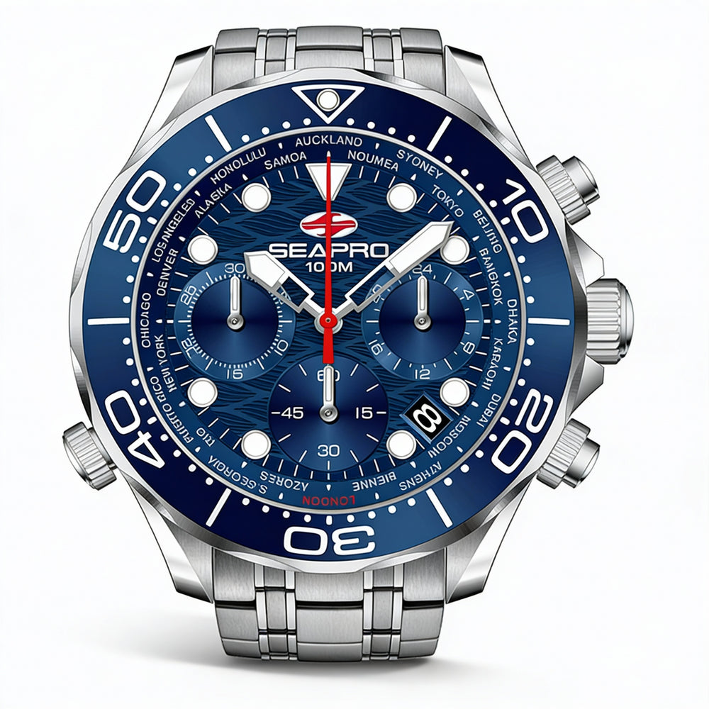 Seapro Modern Men's Blue Dial Stainless Steel Case & Bracelet Quartz Movement 100M Water Resistant Watch