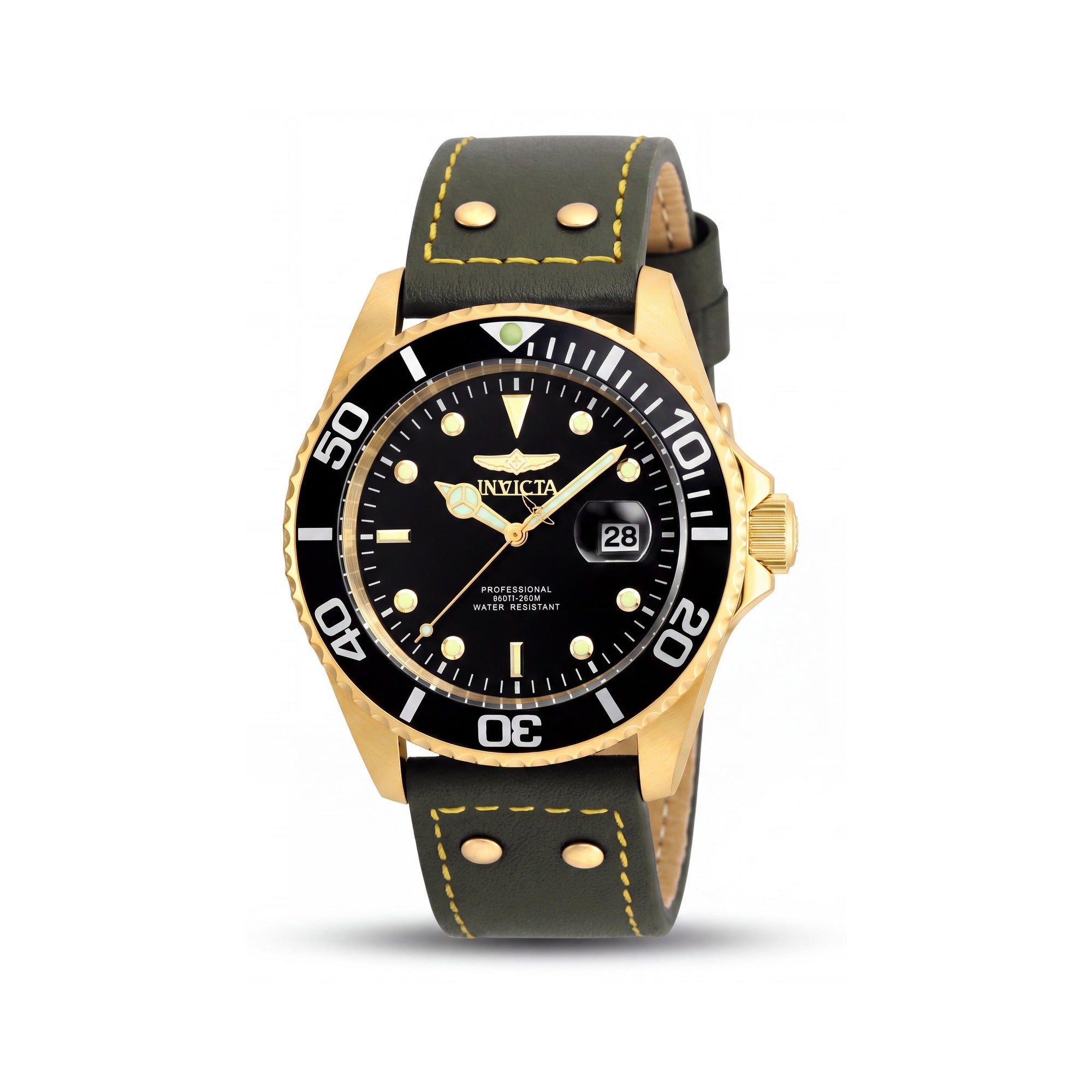 Invicta Men's Pro Diver 22075 Gold-Tone Black Dial Army Green Leather 200m WR 43mm, Photo 1