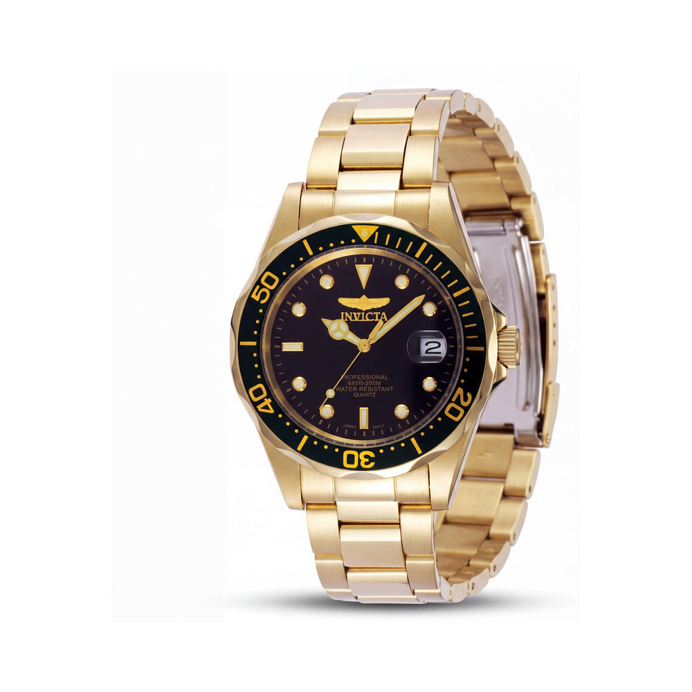 Reloj Invicta con cronógrafo de acero inoxidable chapado en oro, esfera negra de 37 mm, resistente al agua, unisex, con pulsera