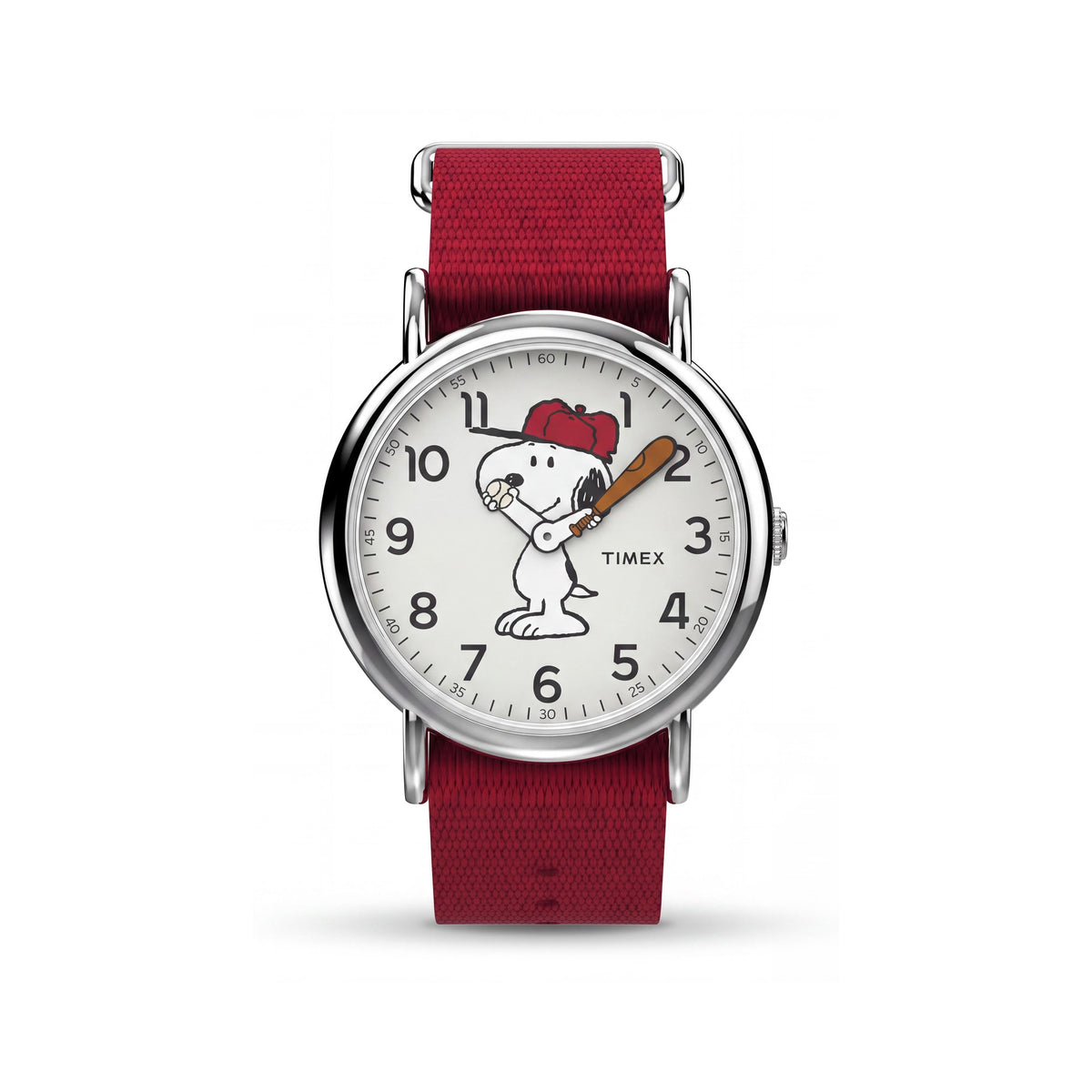 Timex Snoopy Men's 38mm Silver-Tone Brass Case Red Fabric Strap Quartz INDIGLO Water Resistant 30m Watch, Photo 1