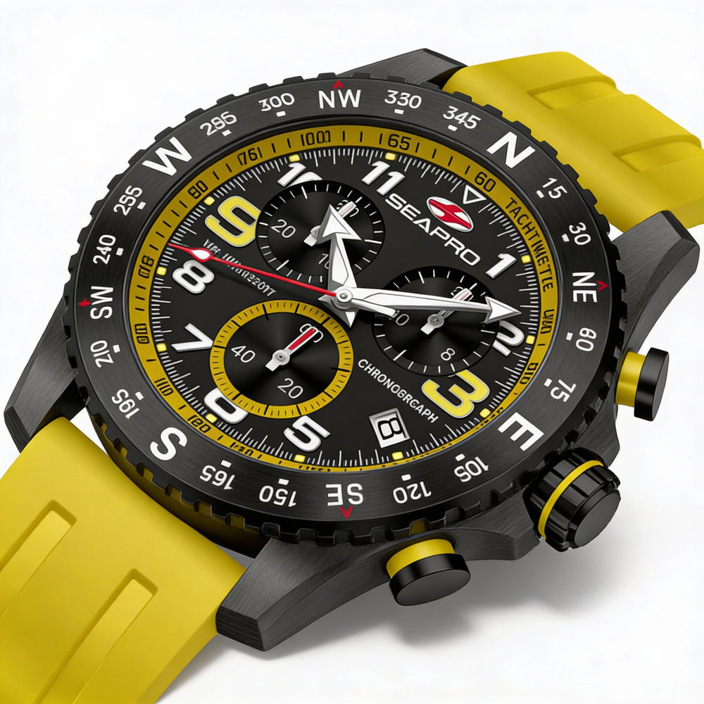 Seapro Men's Black Quartz Chronograph Watch - Stainless Steel Case, Rubber Strap, 10 ATM Water Resistant