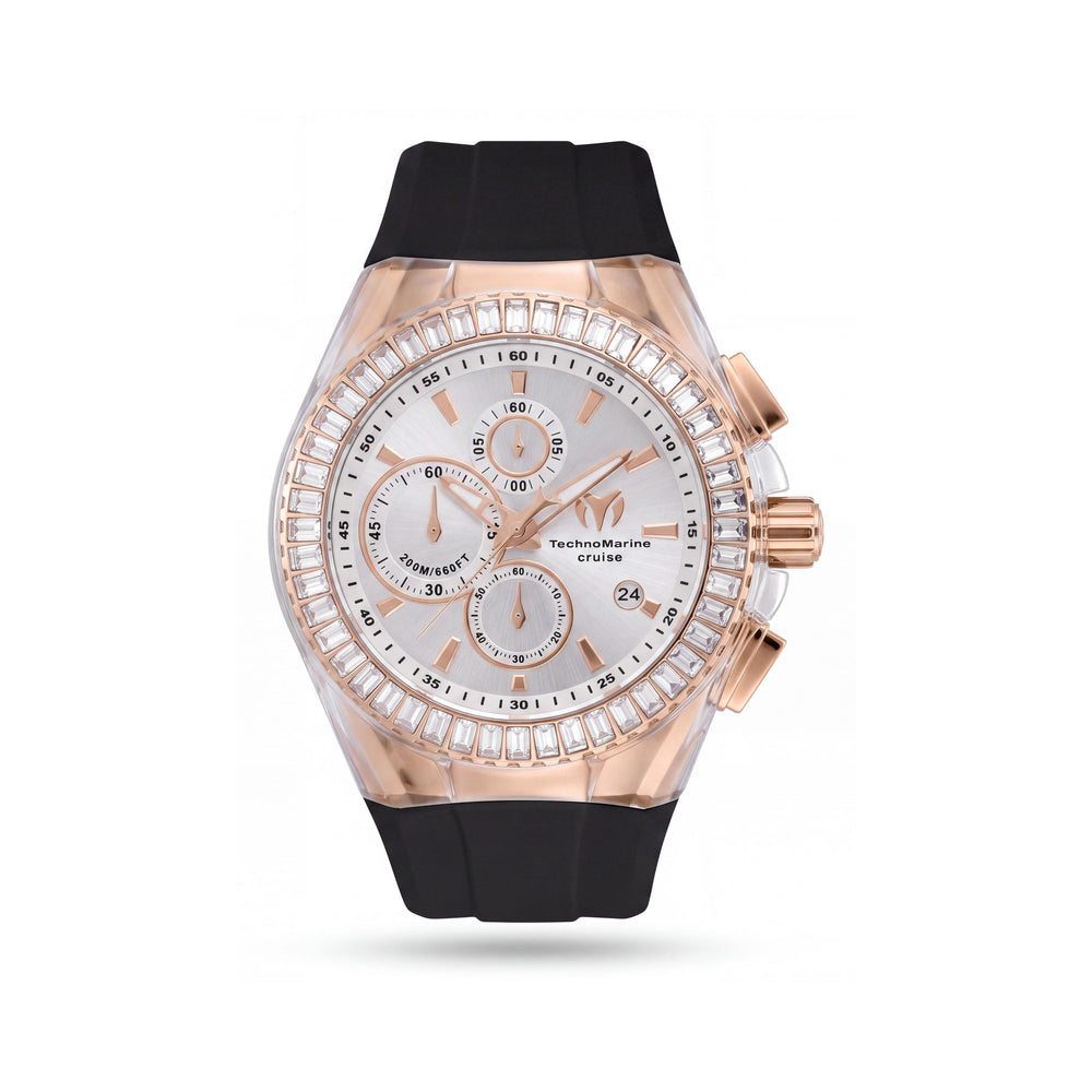 Reloj cronógrafo moderno Technomarine para hombre con caja de acero inoxidable en tono oro rosa y correa de silicona negra de 45 mm