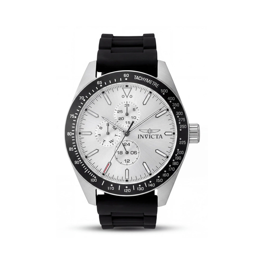 Reloj Invicta Aviator 48855 unisex de cuarzo, acero inoxidable, 45 mm, esfera plateada, correa de silicona, 10 ATM WR, 24 horas